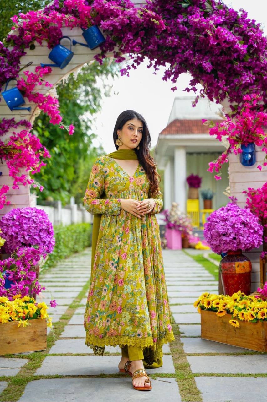 BLUE & YELLOW GEORGETTE PRINT AND FULL LINING WITH PENT AND NAZNEEN DUPATTA