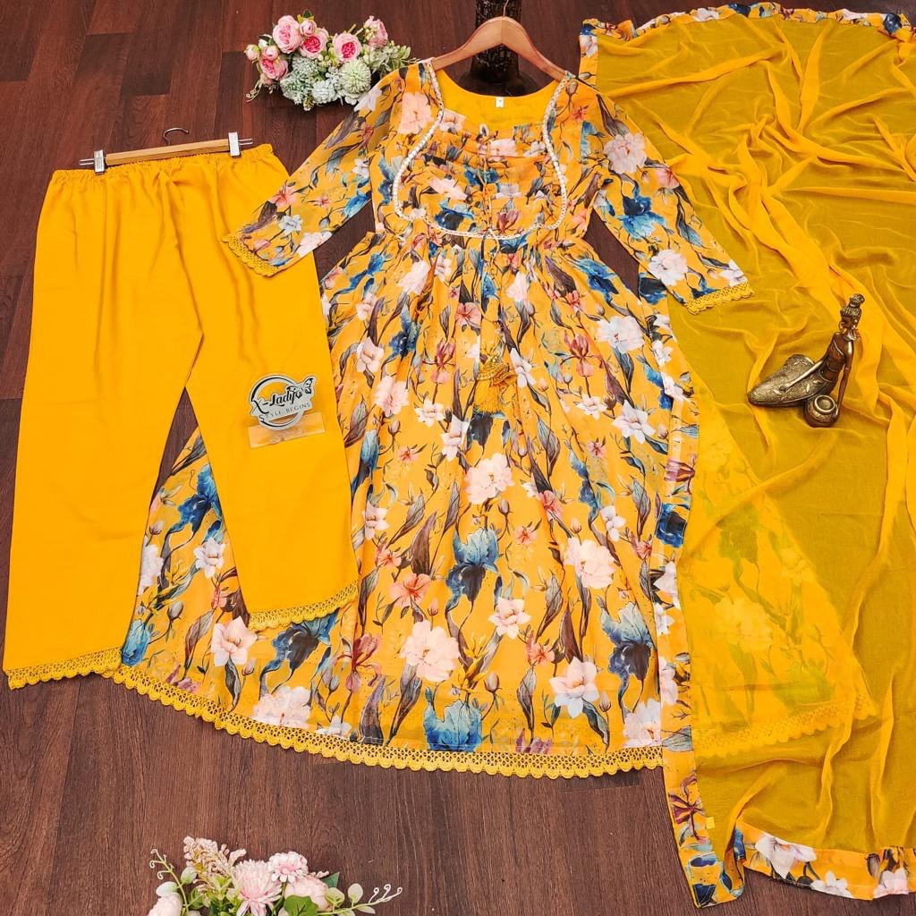 Beautiful Gorgette Maltiprint and petterned Anarkali Suit pant with Nazneen Dupatta, Party Wear Suit Set