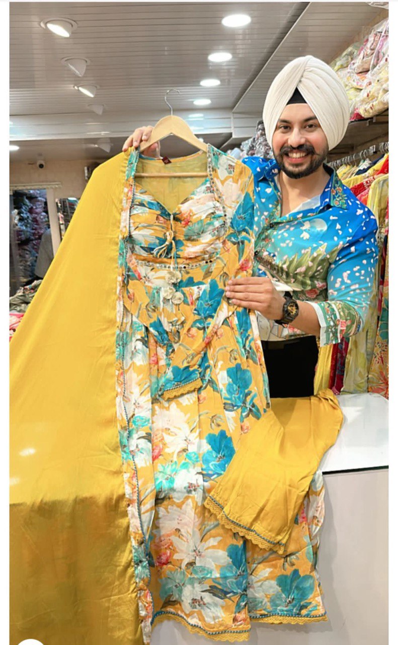 Beautiful Gorgette Maltiprint and petterned Anarkali Suit pant with Nazneen Dupatta, Party Wear Suit Set