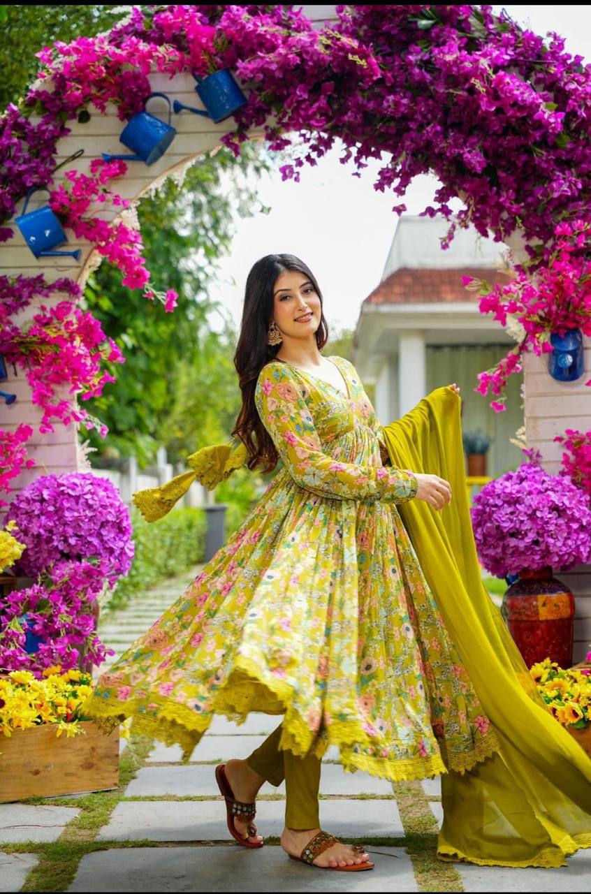 BLUE & YELLOW GEORGETTE PRINT AND FULL LINING WITH PENT AND NAZNEEN DUPATTA