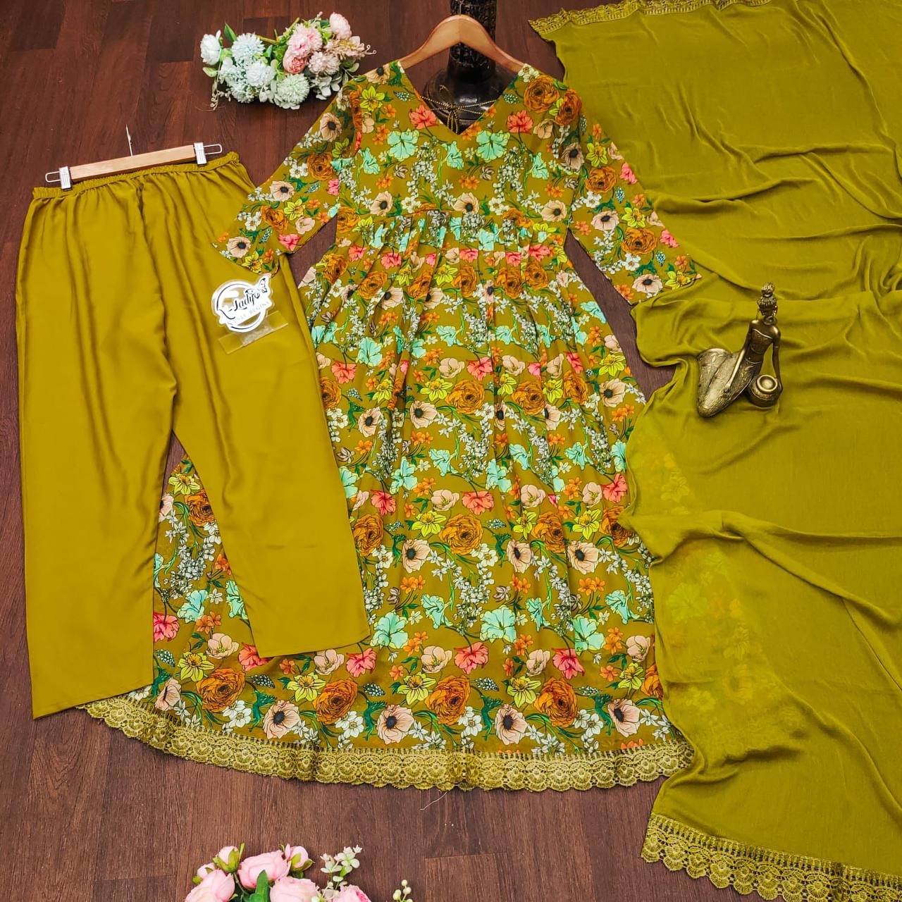 BLUE & YELLOW GEORGETTE PRINT AND FULL LINING WITH PENT AND NAZNEEN DUPATTA