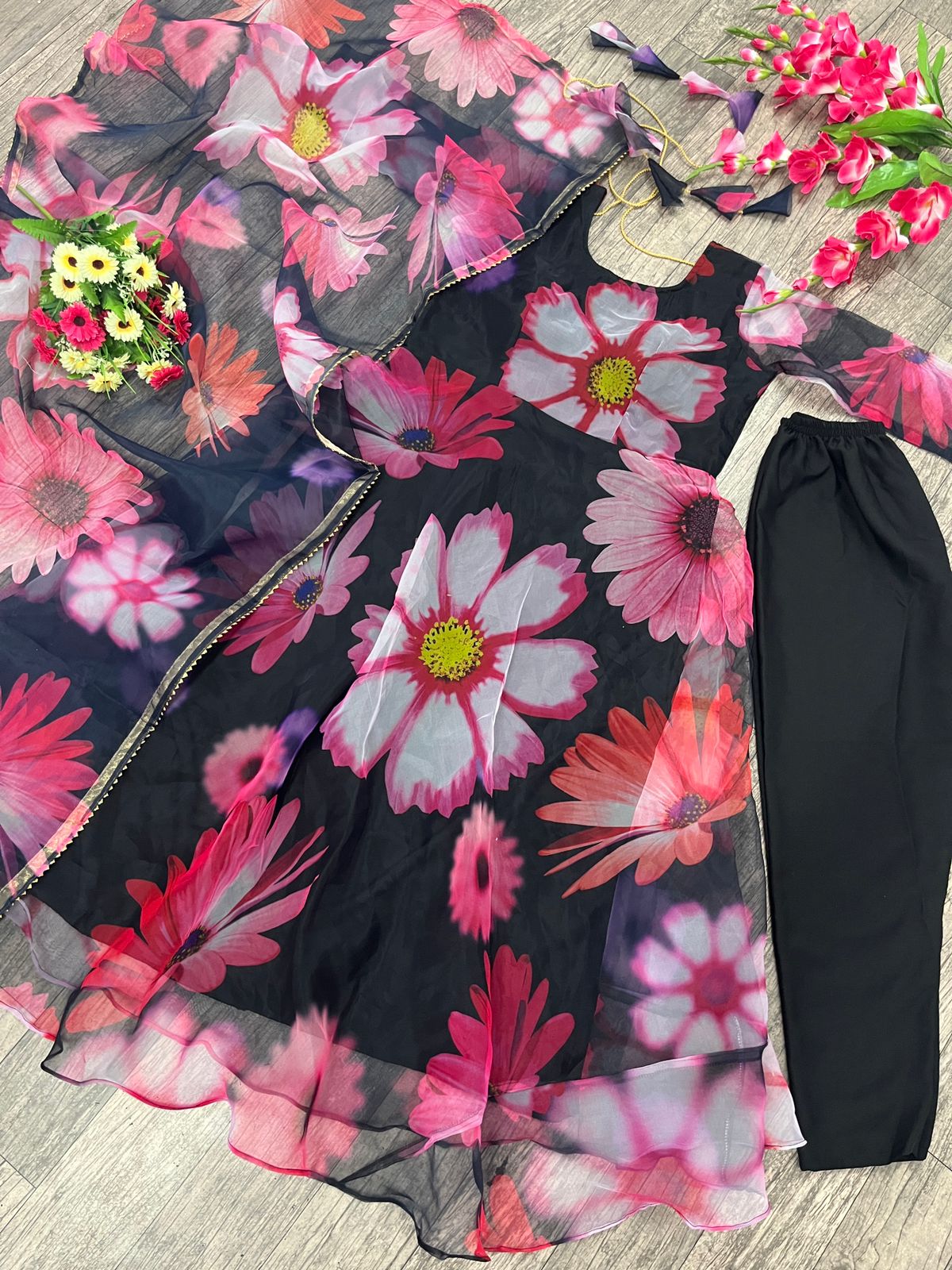 Black Trendy Style Anarkali Organza Gown New Look Attractive Georgette Beautiful Flowers Printed Kurti With Dupatta By Dealbazaars