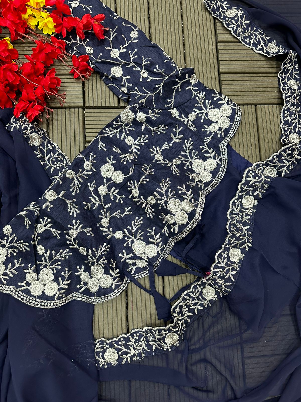 Navy Blue Georgette Saree With Fancy Half Jacket Blouse & Black Georgette Floral Border Saree