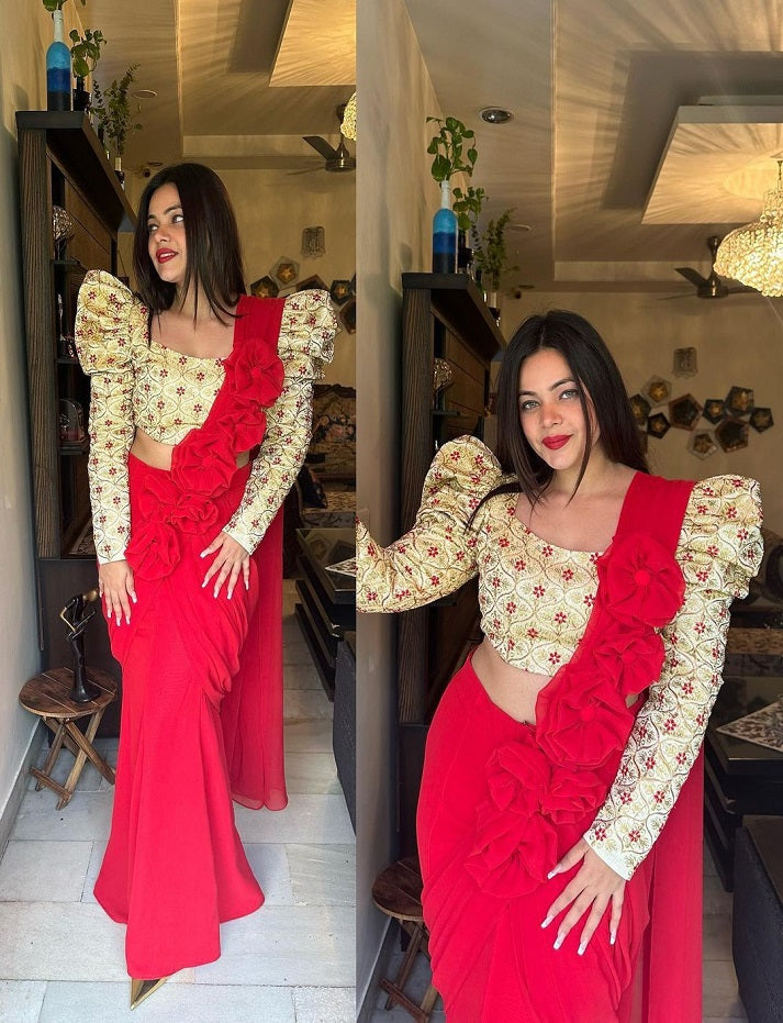 RED NEW DESIGNER PARTY WEAR LAHENGA SAREE WITH STICH BLOUSE WITH EMBROIDERY WORK WITH FANCY FLOWER