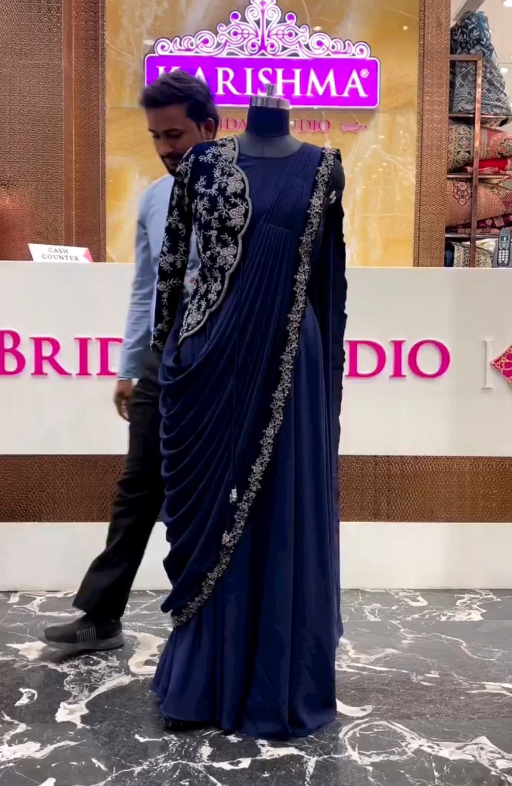 Navy Blue Georgette Saree With Fancy Half Jacket Blouse & Black Georgette Floral Border Saree