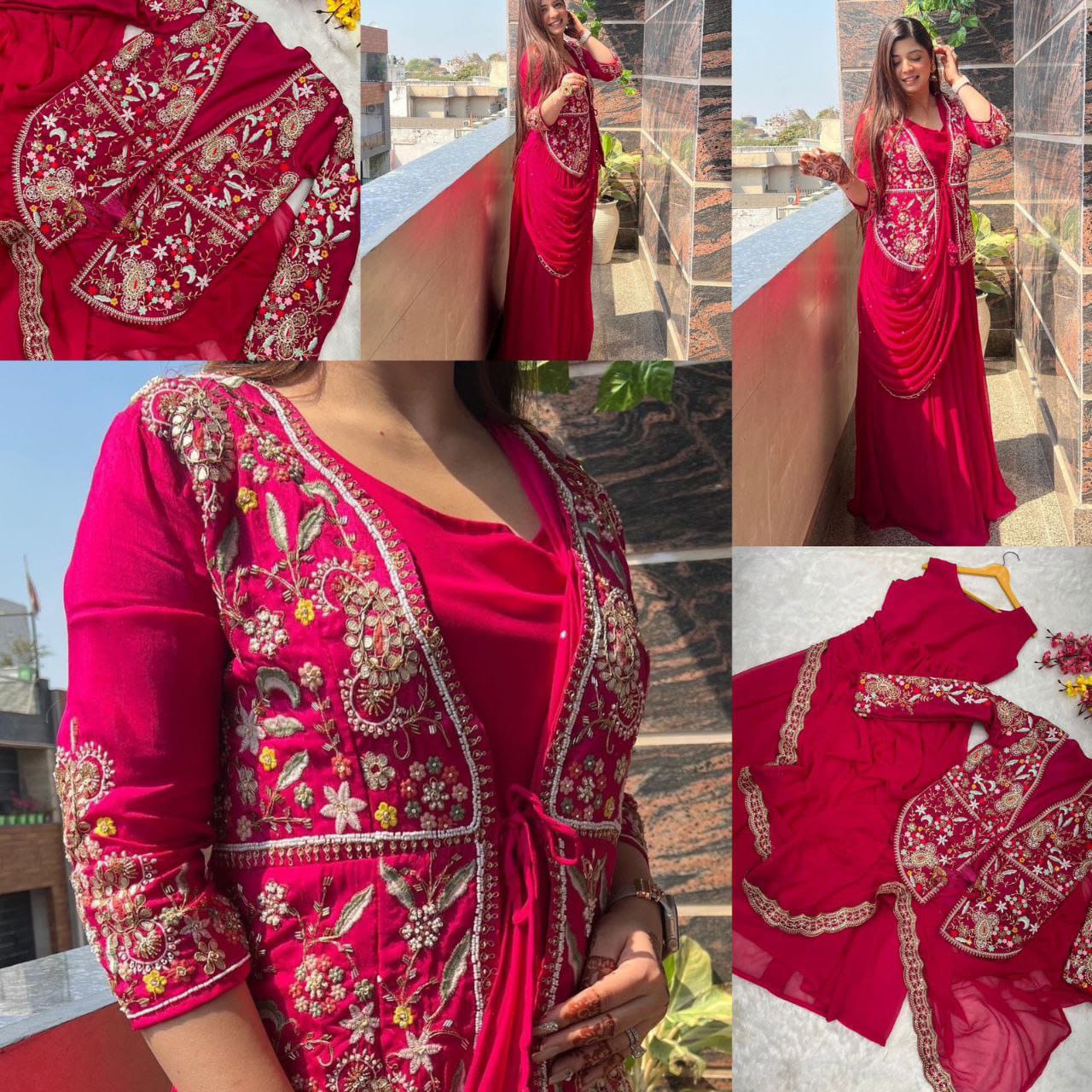 Red Women's Beat Exclusive Party Wear Designer Gown With koti and Dupatta By Dealbazaars
