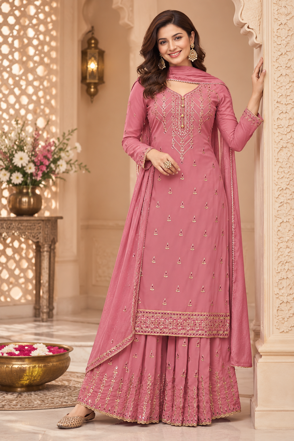 Pakistani Women's Light Weight Georgette Zari Embroidered Beautiful Semi-Stitched Sharara Suit