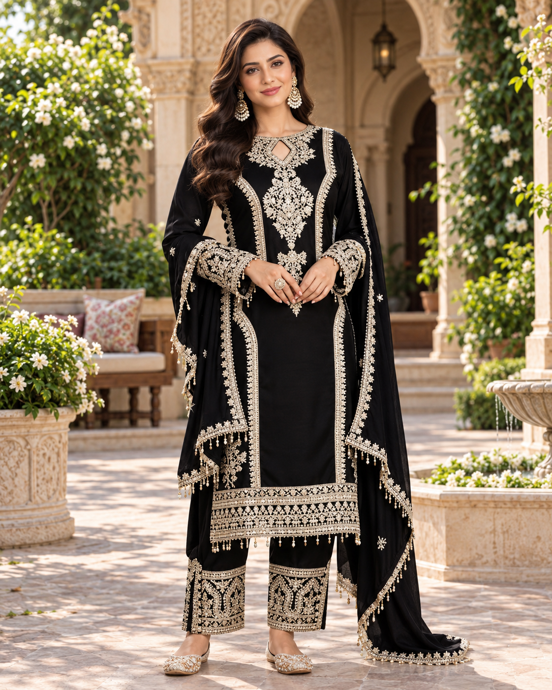 Women's Leheriya Embroidered Regular Sequinned Kurta with Trousers & With Dupatta