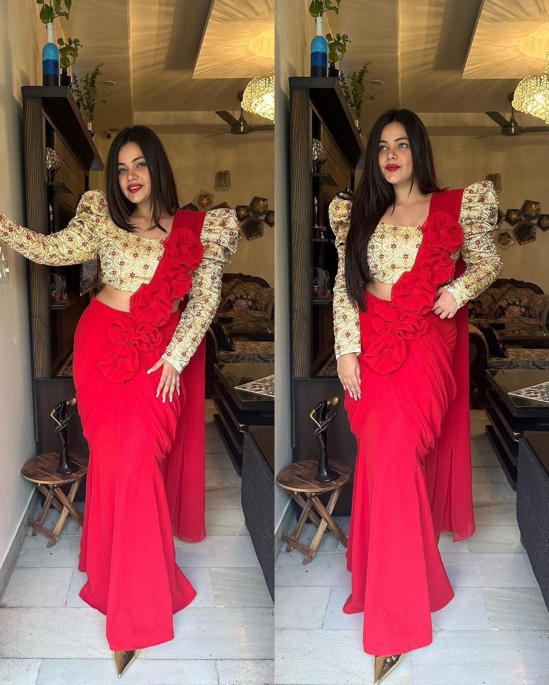 RED NEW DESIGNER PARTY WEAR LAHENGA SAREE WITH STICH BLOUSE WITH EMBROIDERY WORK WITH FANCY FLOWER