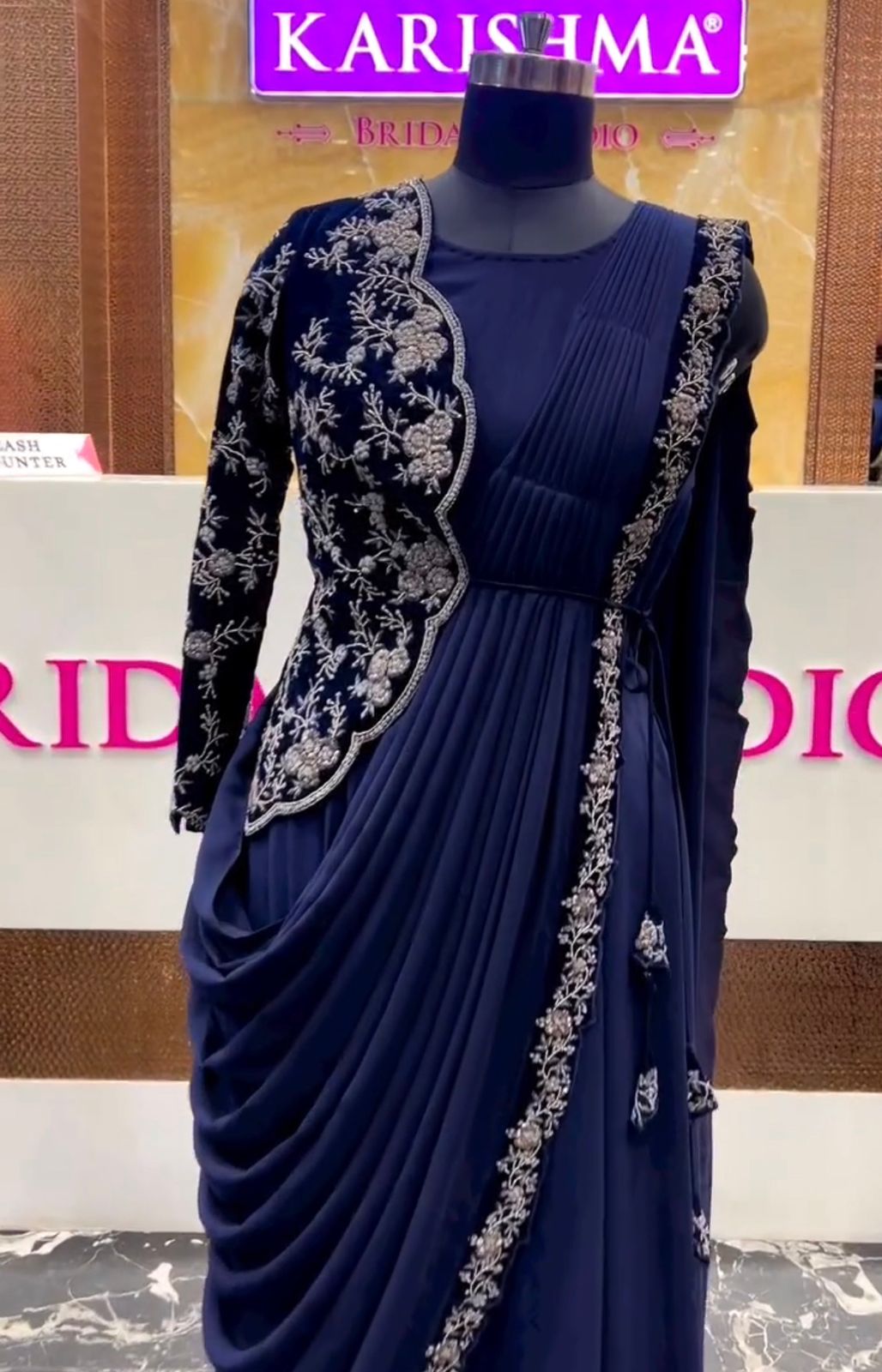 Navy Blue Georgette Saree With Fancy Half Jacket Blouse & Black Georgette Floral Border Saree