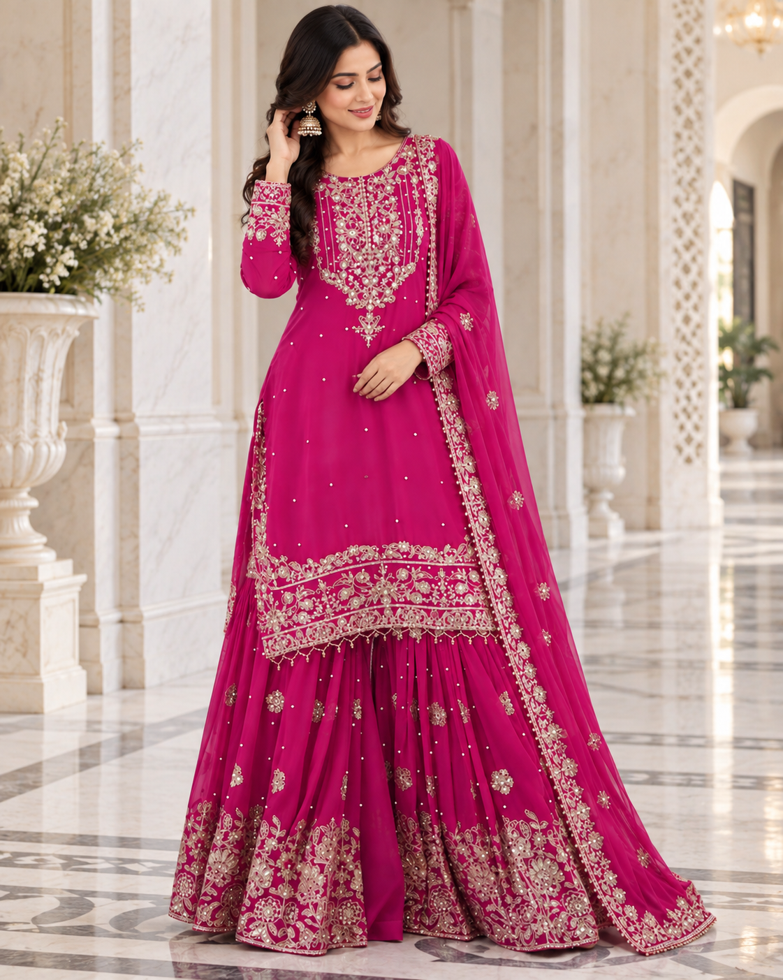 Function Wear Chinon Coding Sequence Embroidery Work Wonderful Semi-Stitched Sharara Suit