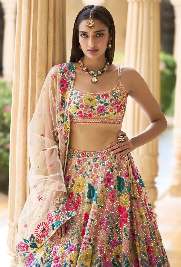 Multi Colour Soft Mono Net With Embroidery Sequence Work Lehenga Choli Bridel Lehenga Choli For Womens