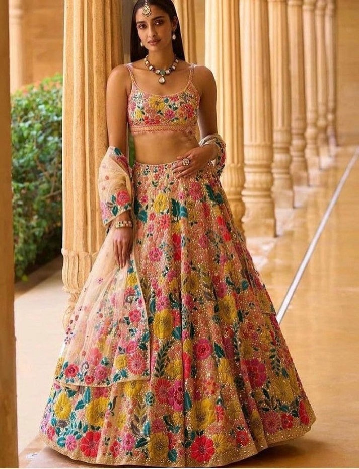 Multi Colour Soft Mono Net With Embroidery Sequence Work Lehenga Choli Bridel Lehenga Choli For Womens