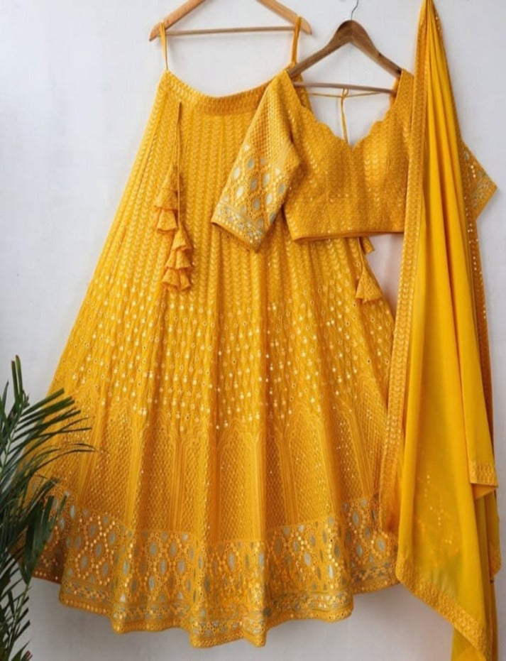 Mustard Yellow Georgette Desinger Attractive Wedding Party Wear Lehenga Choli For Womens