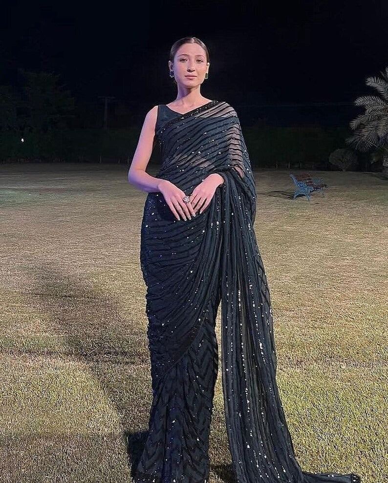 Grey Bollywood Celebrity Style Designer Sequence Lace Border Saree Indian Wedding Beautiful Saree Customize Silk Blouse With Ready To Wear Saree
