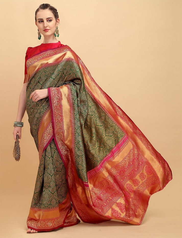 GREEN-RED INDIAN TRADITIONAL WEAR COLLECTION BEAUTIFUL STYLISH FANCY COLORFUL PARTY WEAR & OCCASIONAL WEAR BANARASI SILK SAREE