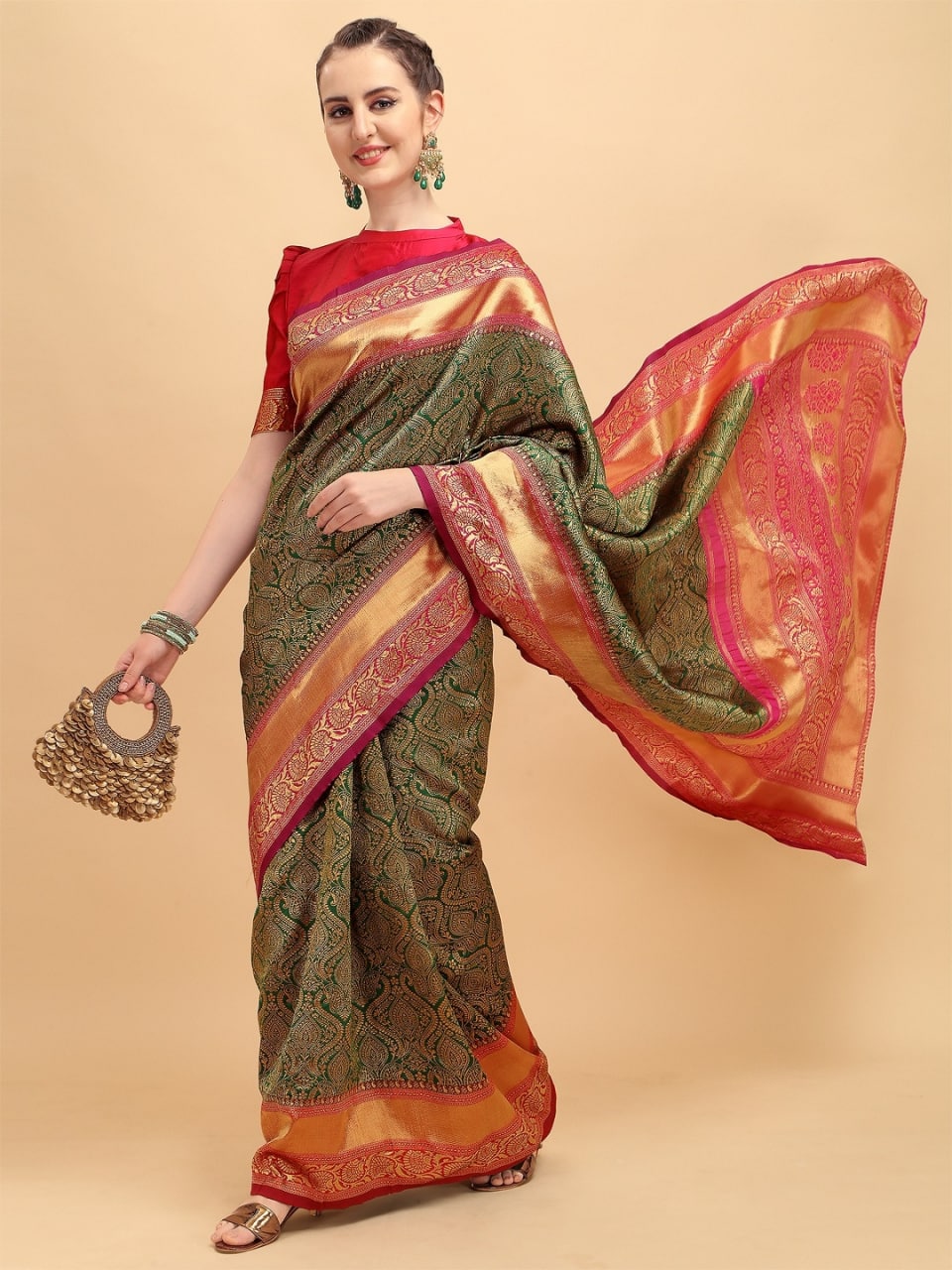 GREEN-RED INDIAN TRADITIONAL WEAR COLLECTION BEAUTIFUL STYLISH FANCY COLORFUL PARTY WEAR & OCCASIONAL WEAR BANARASI SILK SAREE