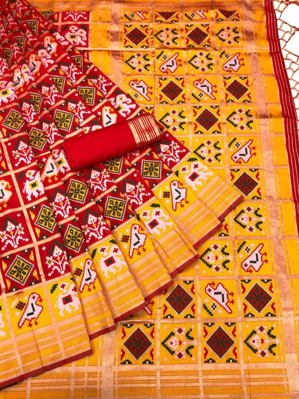 Ethereal Banarasi Silk Gujarati Patola Saree With Exclusive Floral Designs With Kairi Patterns On The Wide Pallu