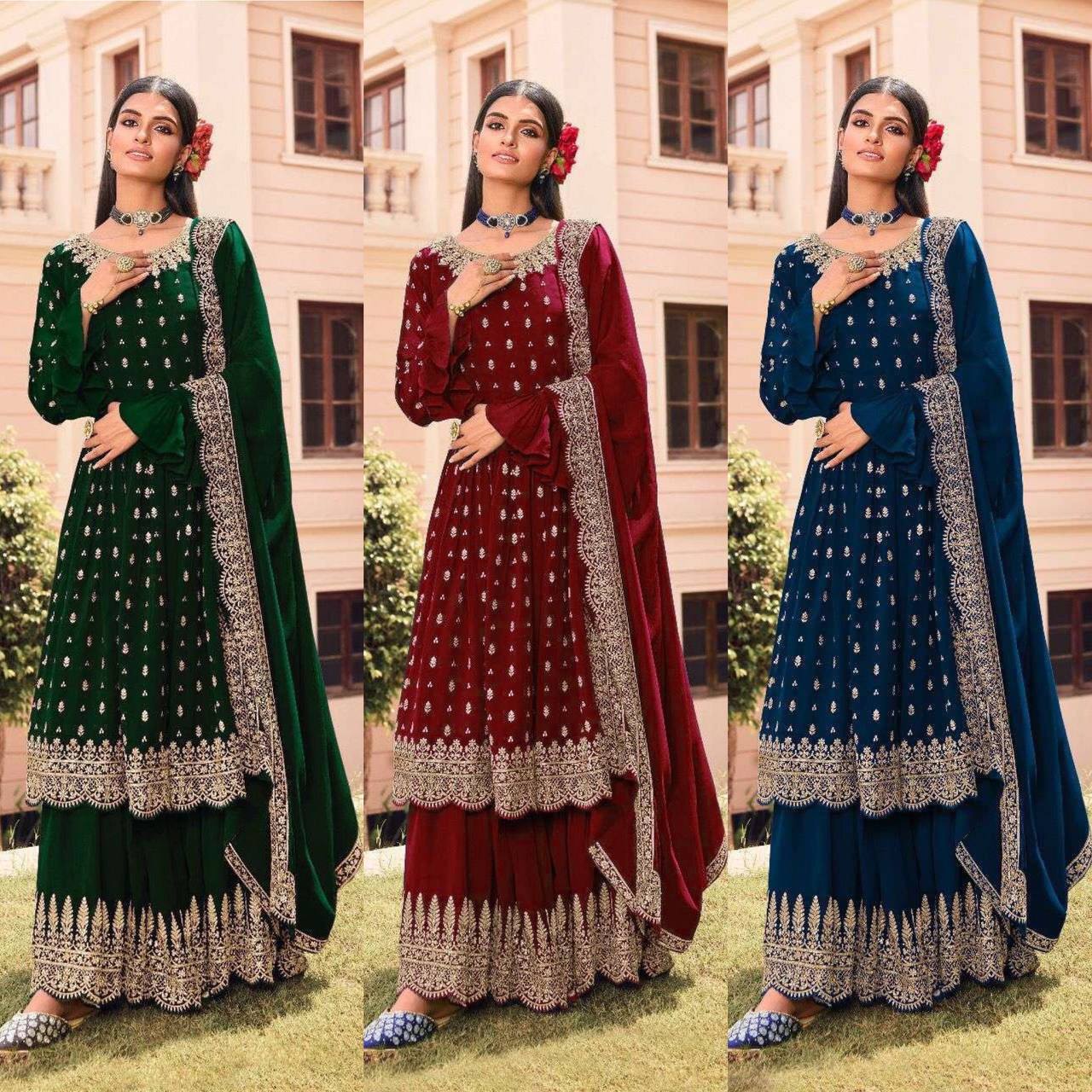 Women's Faux Georgette Semi Stitched Top With Stitched Faux Georgette Bottom and Faux Georgette Dupatta Embroidered Flared Top Dress Material