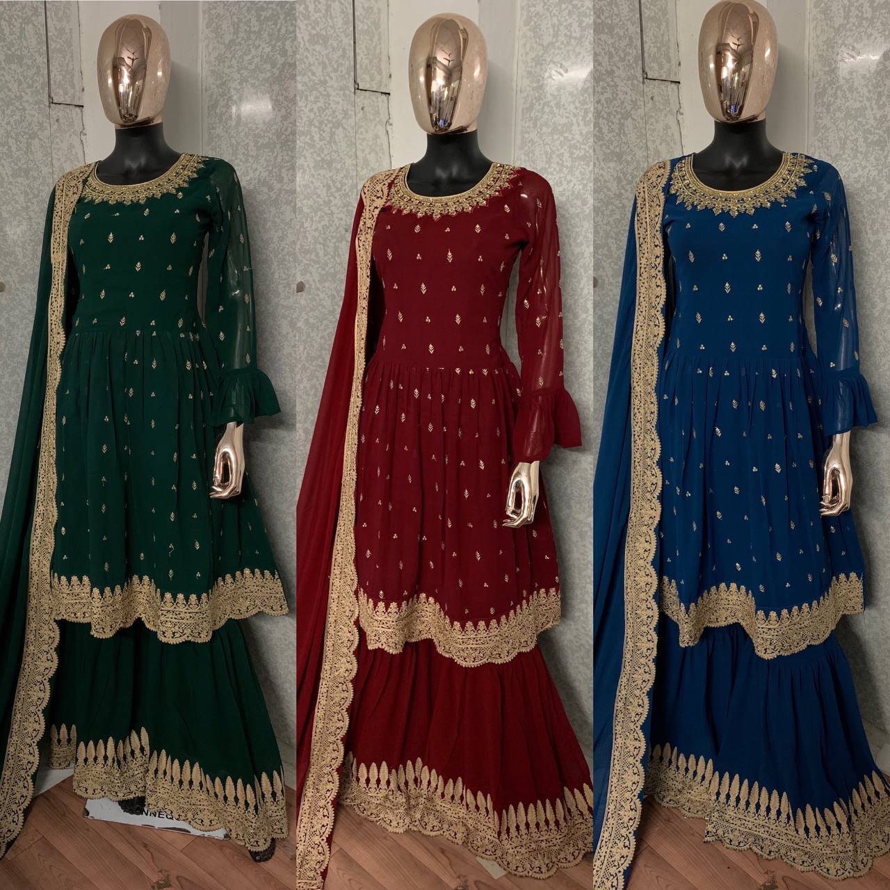 Women's Faux Georgette Semi Stitched Top With Stitched Faux Georgette Bottom and Faux Georgette Dupatta Embroidered Flared Top Dress Material