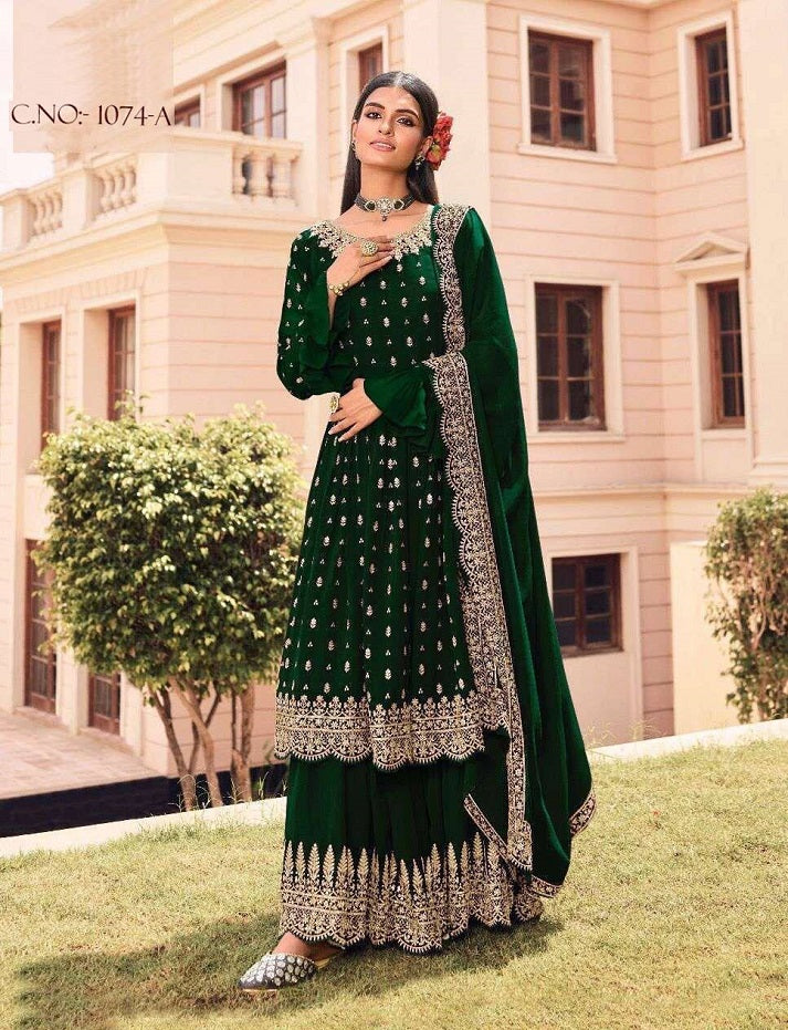 Women's Faux Georgette Semi Stitched Top With Stitched Faux Georgette Bottom and Faux Georgette Dupatta Embroidered Flared Top Dress Material
