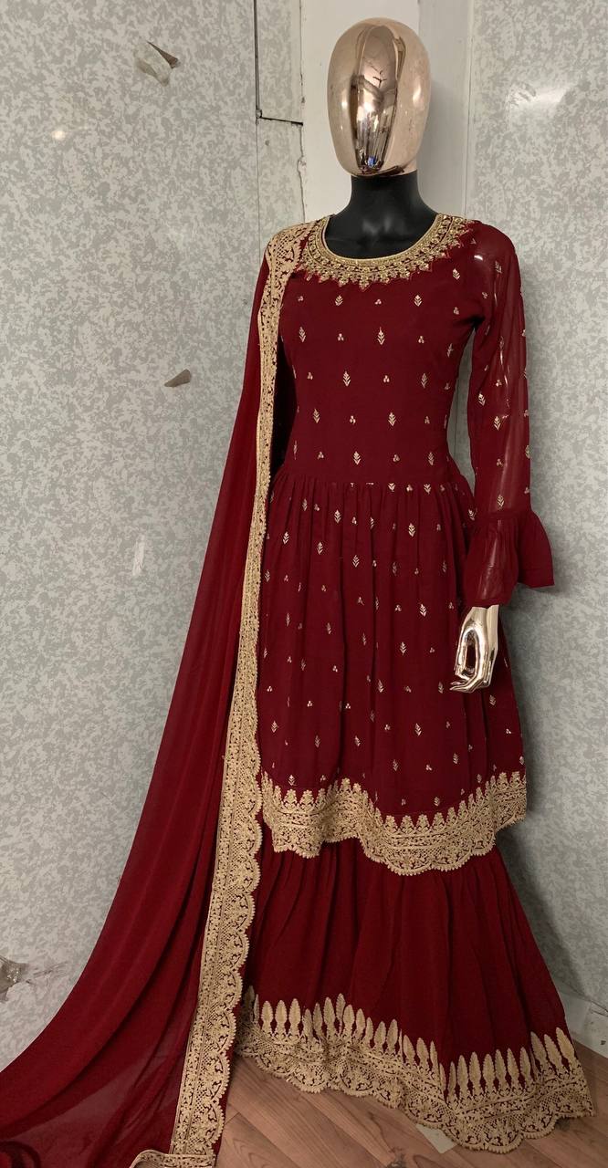 Women's Faux Georgette Semi Stitched Top With Stitched Faux Georgette Bottom and Faux Georgette Dupatta Embroidered Flared Top Dress Material
