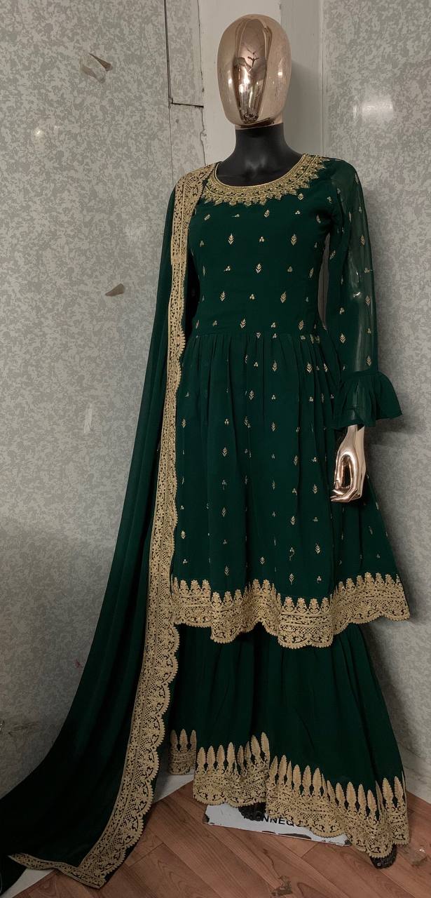 Women's Faux Georgette Semi Stitched Top With Stitched Faux Georgette Bottom and Faux Georgette Dupatta Embroidered Flared Top Dress Material