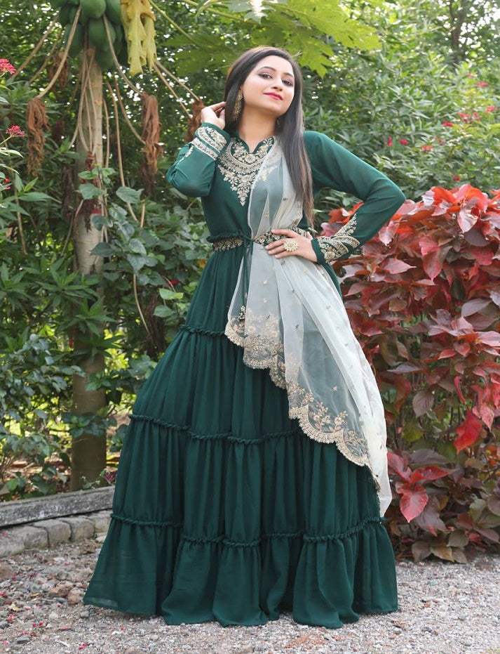 Women's Green Color Full Stitched Faux Georgette Gown with Santoon inner and Net Dupatta Embroidered Gown