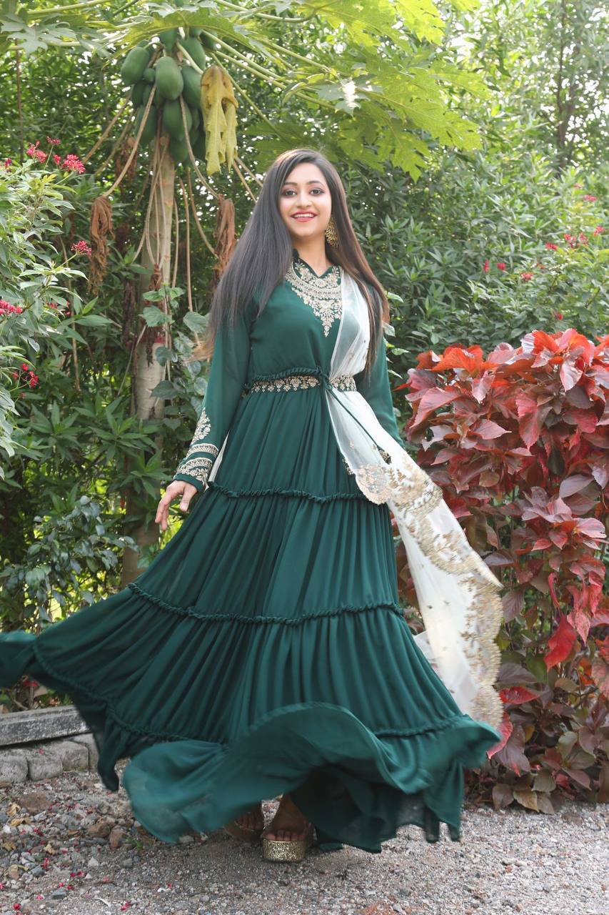 Women's Green Color Full Stitched Faux Georgette Gown with Santoon inner and Net Dupatta Embroidered Gown