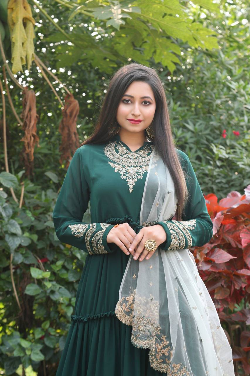 Women's Green Color Full Stitched Faux Georgette Gown with Santoon inner and Net Dupatta Embroidered Gown