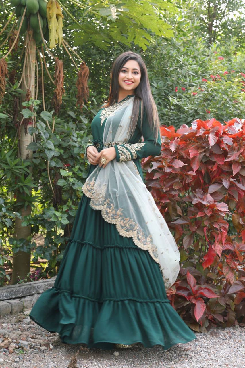 Women's Green Color Full Stitched Faux Georgette Gown with Santoon inner and Net Dupatta Embroidered Gown