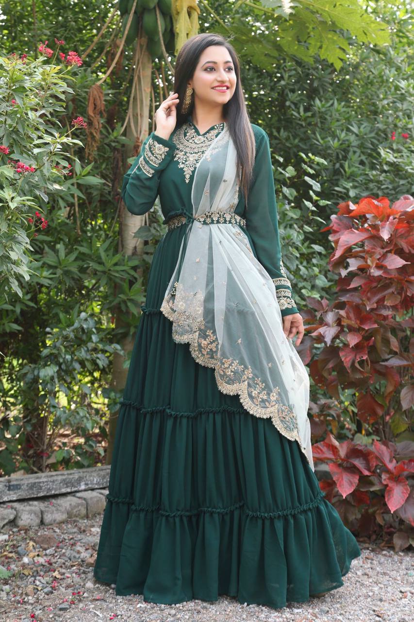 Women's Green Color Full Stitched Faux Georgette Gown with Santoon inner and Net Dupatta Embroidered Gown