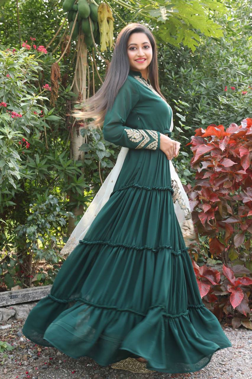 Women's Green Color Full Stitched Faux Georgette Gown with Santoon inner and Net Dupatta Embroidered Gown