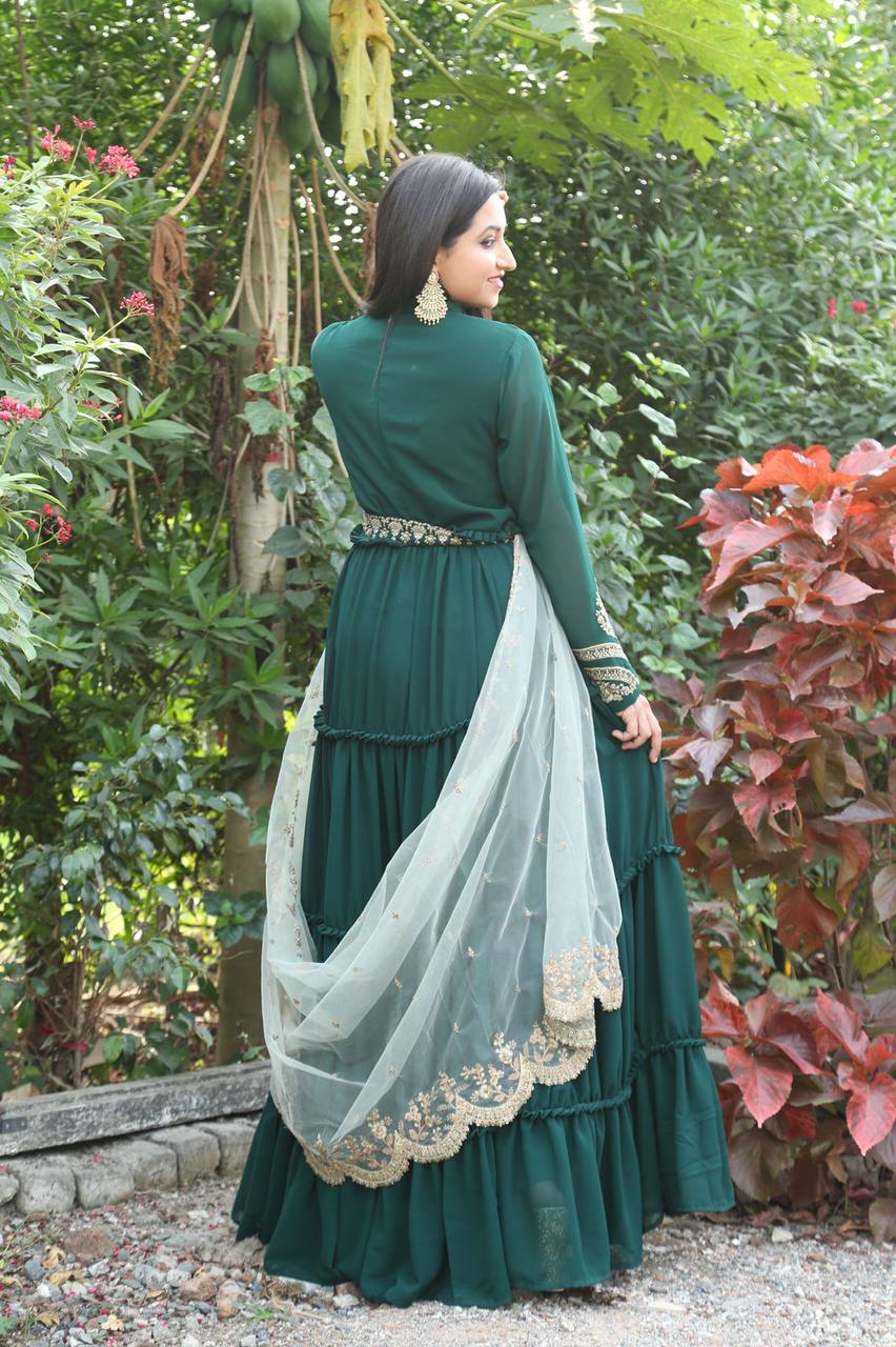 Women's Green Color Full Stitched Faux Georgette Gown with Santoon inner and Net Dupatta Embroidered Gown