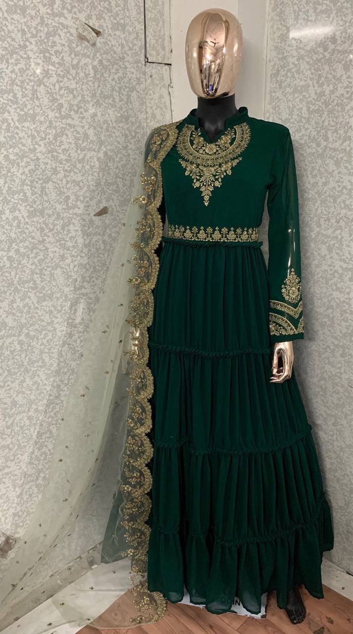 Women's Green Color Full Stitched Faux Georgette Gown with Santoon inner and Net Dupatta Embroidered Gown