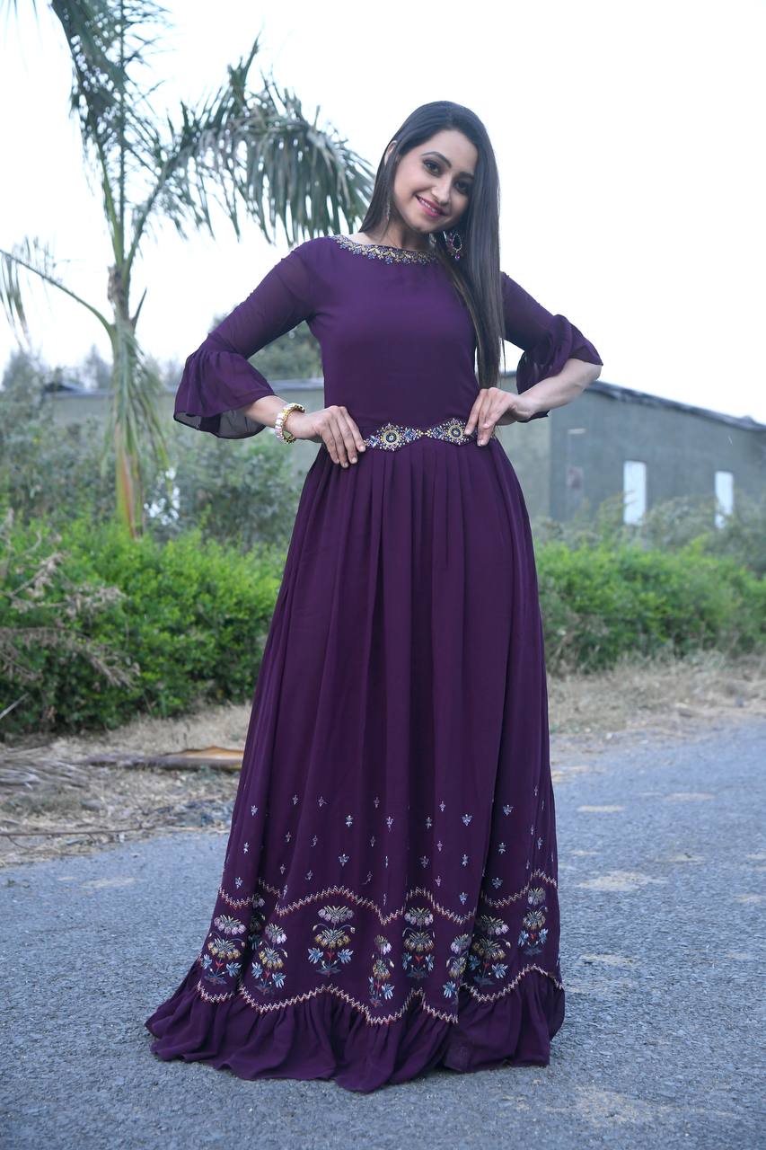 Women's Faux Georgette Stitched Top with Dupatta 3/4 Sleeve Embroidered Pakistani Gown