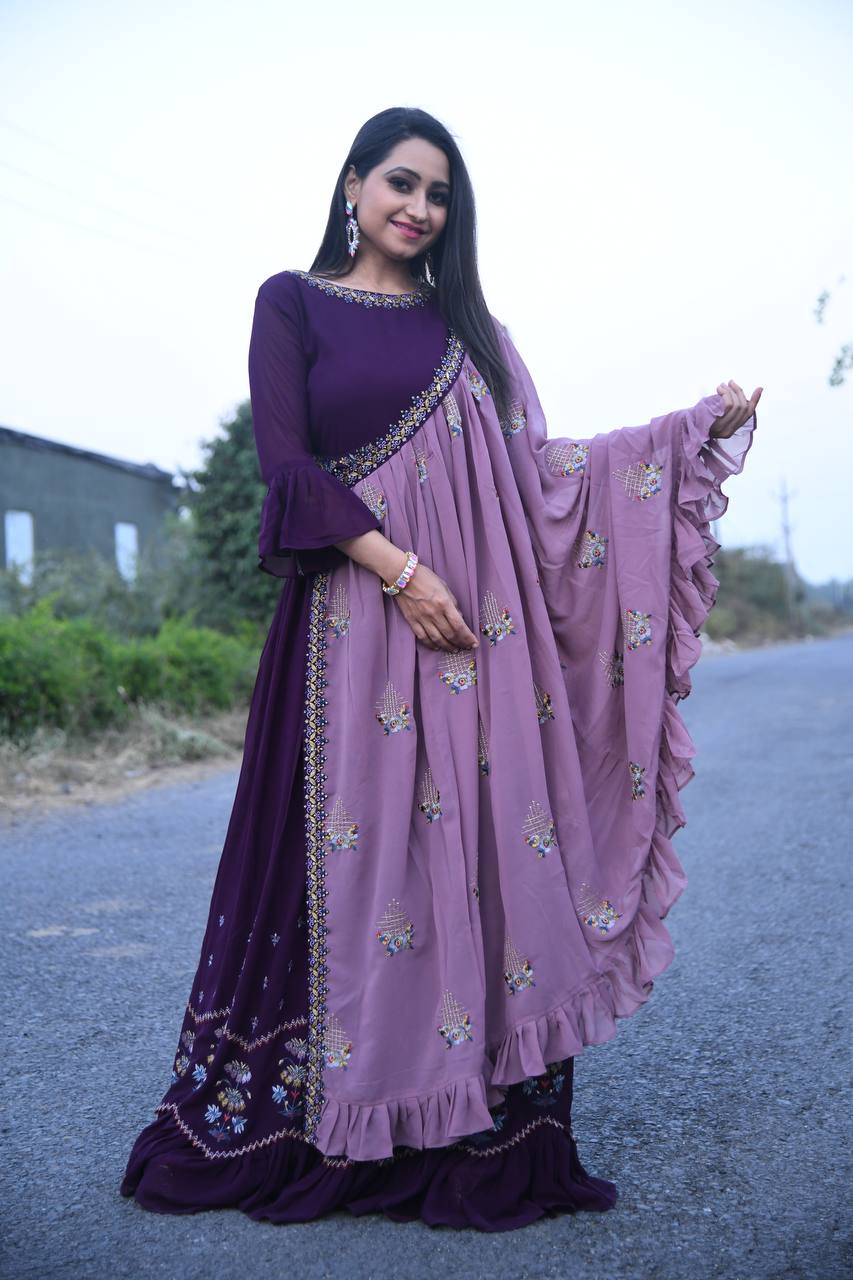 Women's Faux Georgette Stitched Top with Dupatta 3/4 Sleeve Embroidered Pakistani Gown