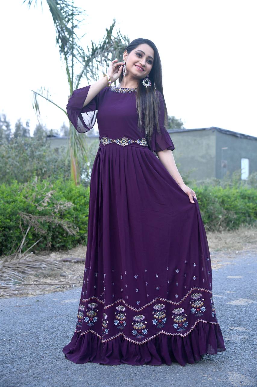 Women's Faux Georgette Stitched Top with Dupatta 3/4 Sleeve Embroidered Pakistani Gown