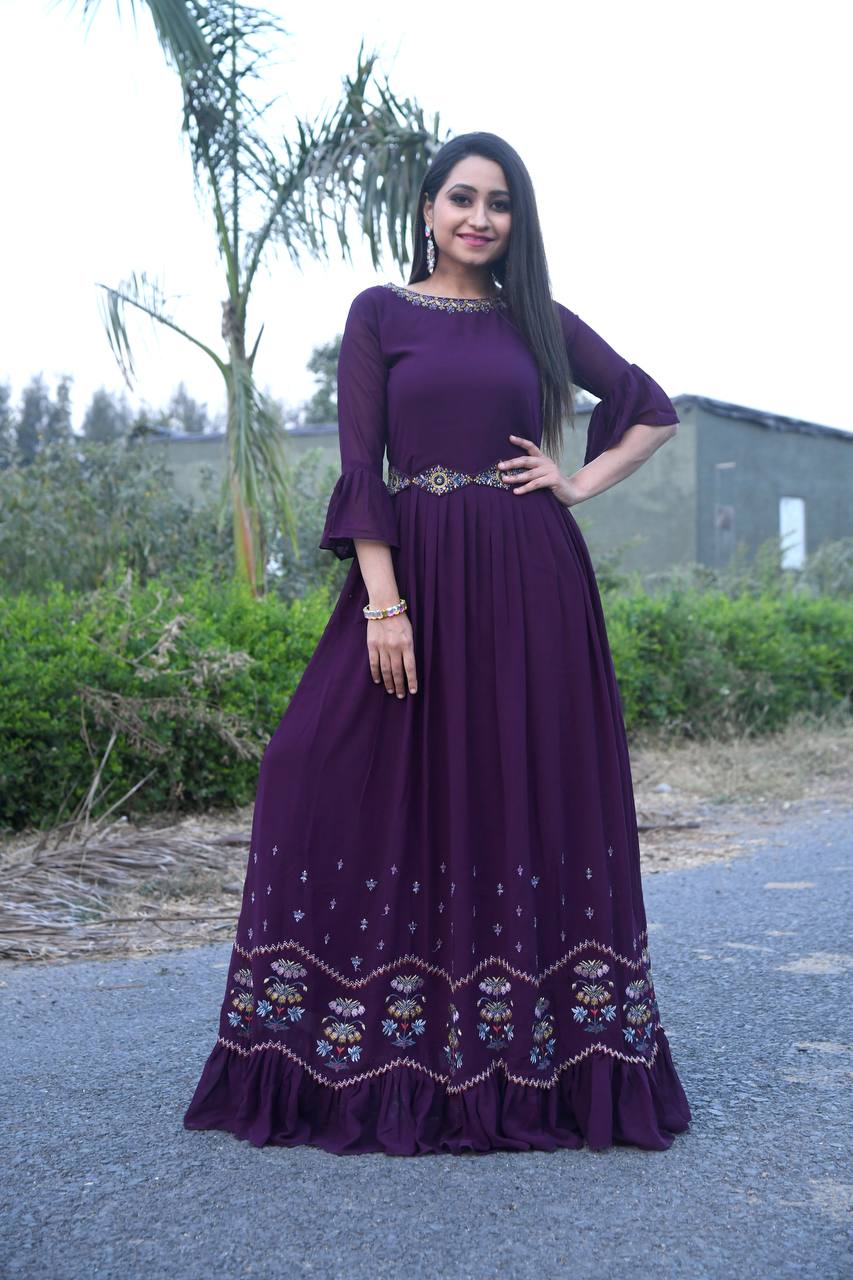 Women's Faux Georgette Stitched Top with Dupatta 3/4 Sleeve Embroidered Pakistani Gown