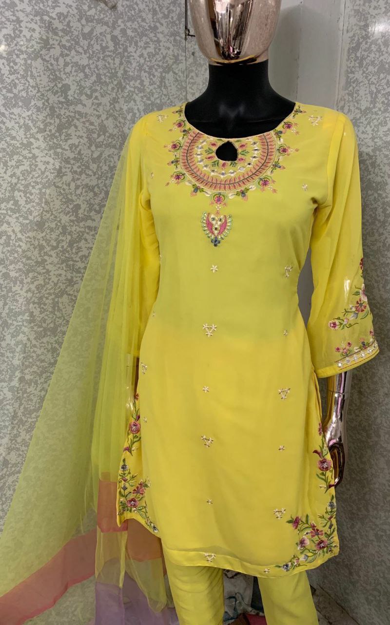 Women's Yellow Faux Georgette Embroidered Straight Kurta Pant Set With Dupatta