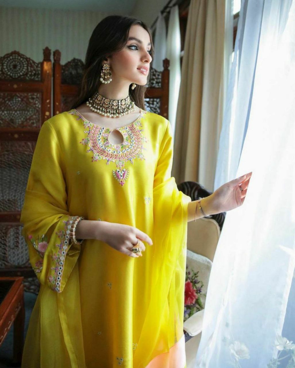Women's Yellow Faux Georgette Embroidered Straight Kurta Pant Set With Dupatta
