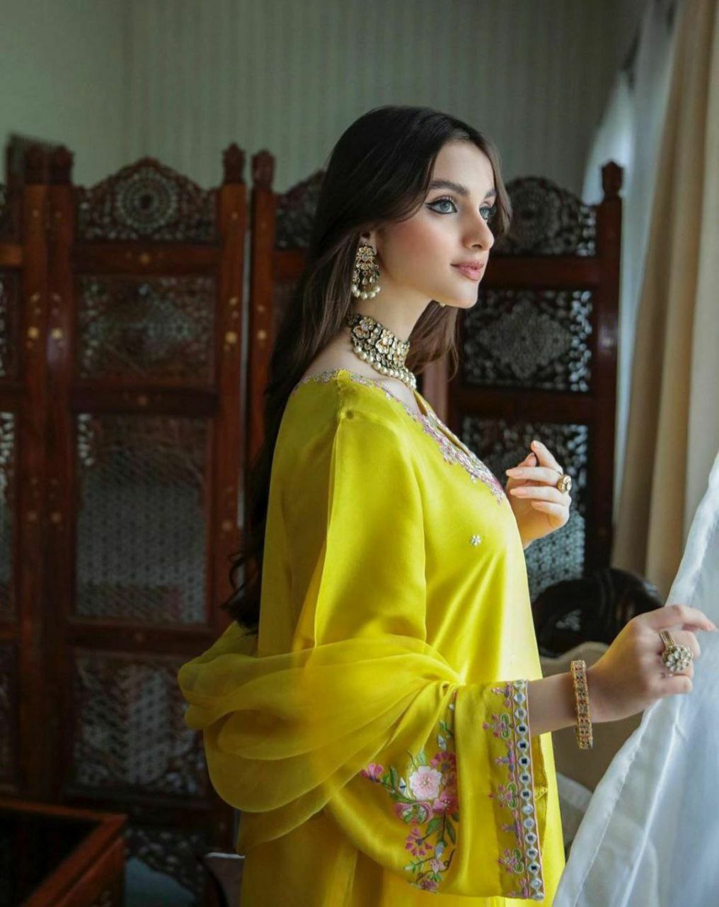 Women's Yellow Faux Georgette Embroidered Straight Kurta Pant Set With Dupatta