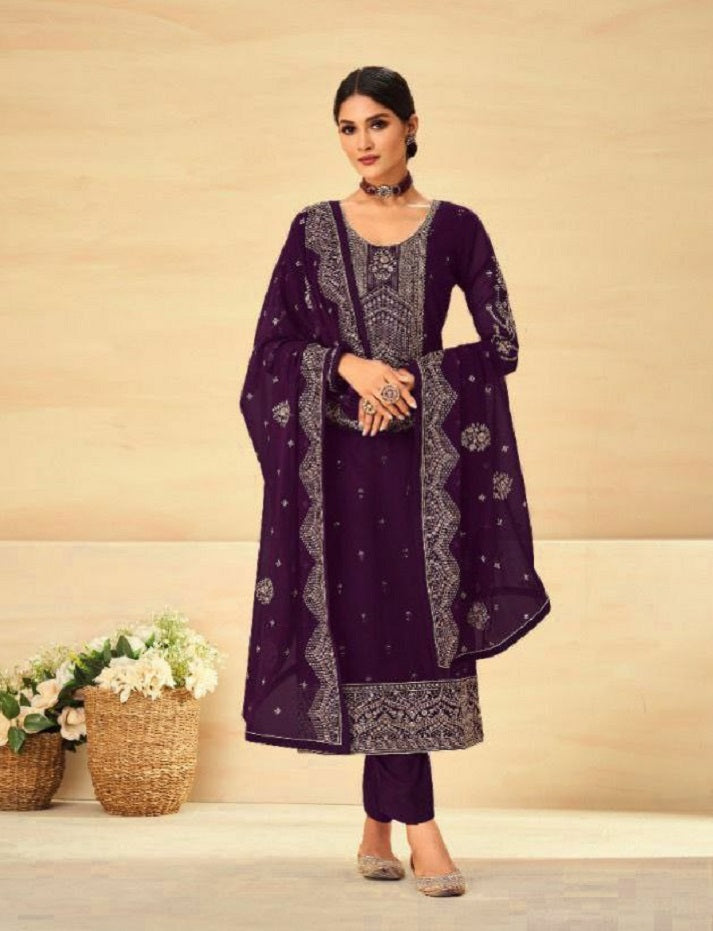 Beautiful Purple With Floral Print Kurta Palazzo & Dupatta Set, Women Straight Kurta Pant Set, Pakistani 3 Piece Shalwar Kameez Readymade Set