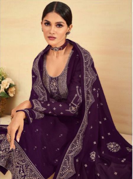 Beautiful Purple With Floral Print Kurta Palazzo & Dupatta Set, Women Straight Kurta Pant Set, Pakistani 3 Piece Shalwar Kameez Readymade Set
