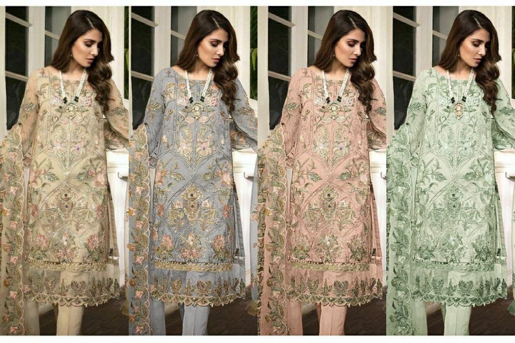 Women's Faux Georgette Semi Stitched Top With Santoon Unstitched Bottom and Net Dupatta Embroidery work Dress Material
