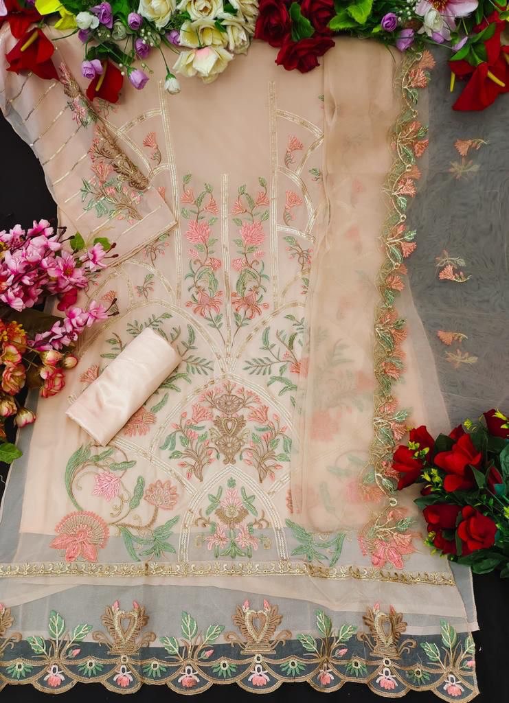 Women's Faux Georgette Semi Stitched Top With Santoon Unstitched Bottom and Net Dupatta Embroidery work Dress Material