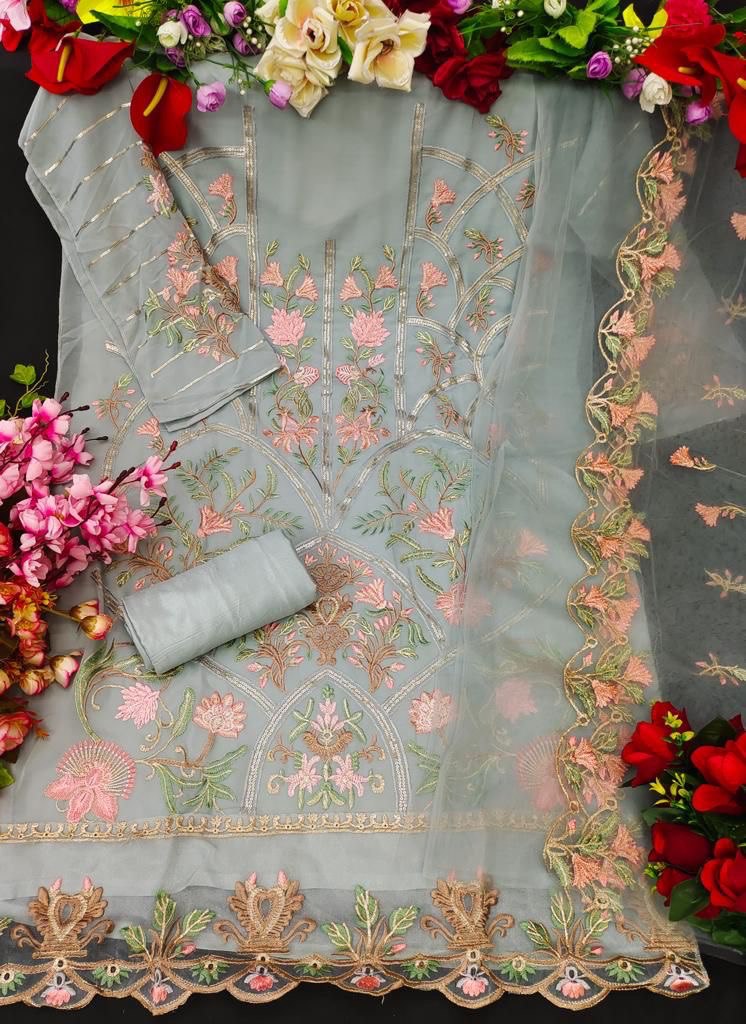 Women's Faux Georgette Semi Stitched Top With Santoon Unstitched Bottom and Net Dupatta Embroidery work Dress Material