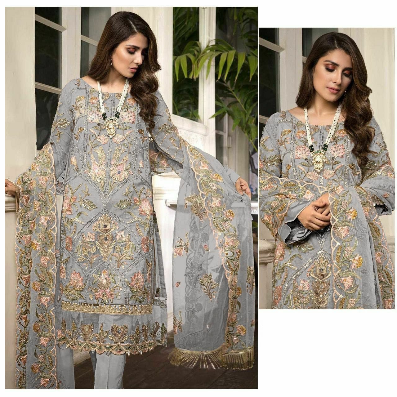 Women's Faux Georgette Semi Stitched Top With Santoon Unstitched Bottom and Net Dupatta Embroidery work Dress Material