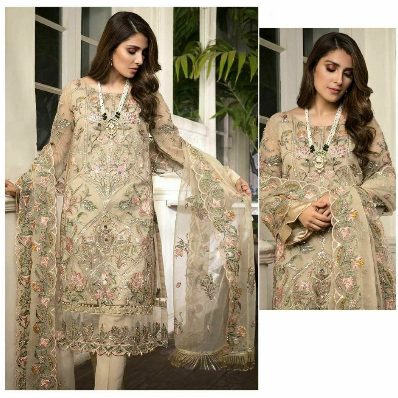 Women's Faux Georgette Semi Stitched Top With Santoon Unstitched Bottom and Net Dupatta Embroidery work Dress Material