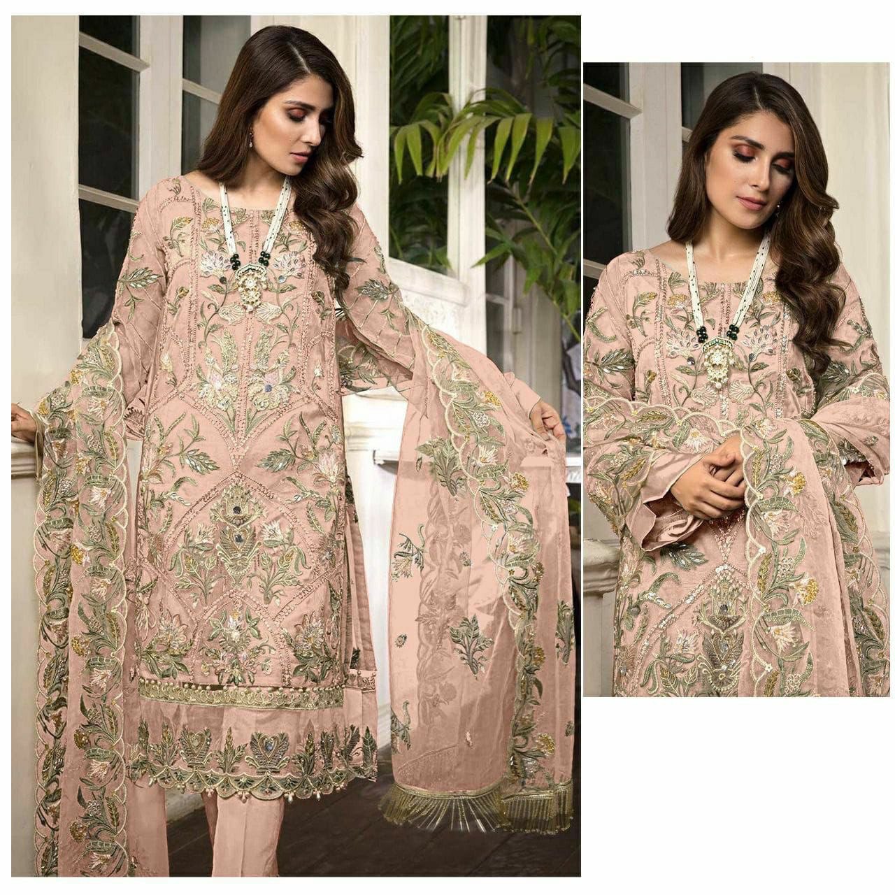 Women's Faux Georgette Semi Stitched Top With Santoon Unstitched Bottom and Net Dupatta Embroidery work Dress Material